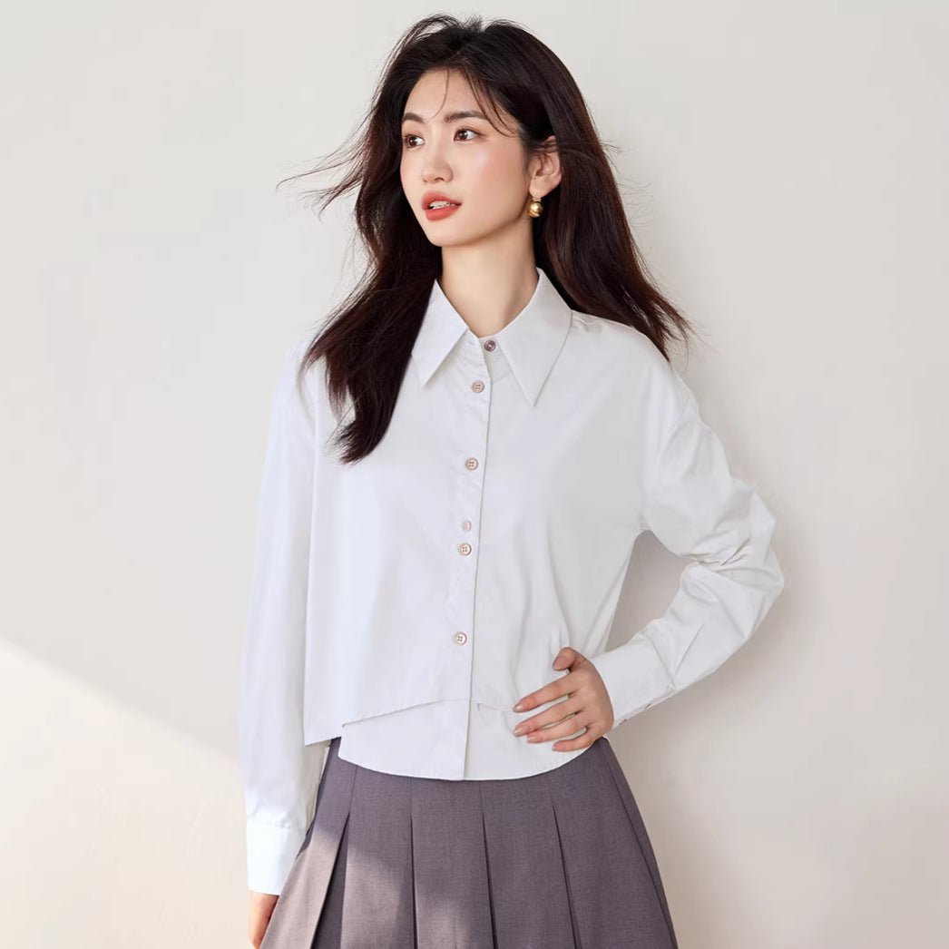 Elegant False Two - Piece Loose Long Sleeve Shirt for Women Fashionable Versatile Turn - Down Collar Solid Color Top - UrbanNest Co
