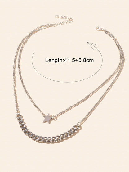 Punk Rock Double layer Silver Chain Star Charm Necklace Women Party Jewellery - UrbanNest Co