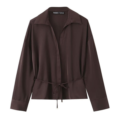 Three color satin thin waistband shirt with belt - UrbanNest Co
