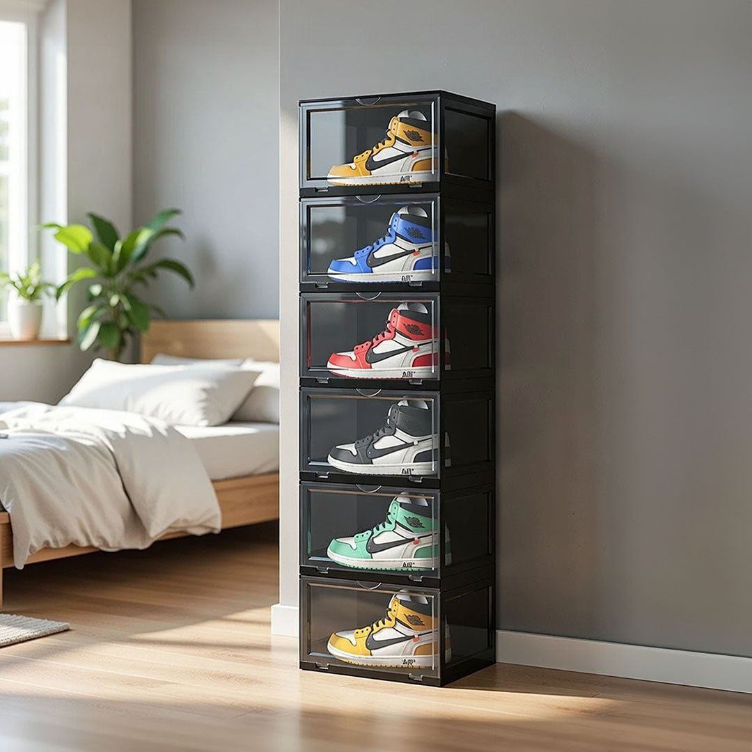 SOGA 6 Tier Black Portable Shoe Organiser Sneaker Footwear Folding Plastic Bin Stackable Storage Box with Magnetic Door - UrbanNest Co