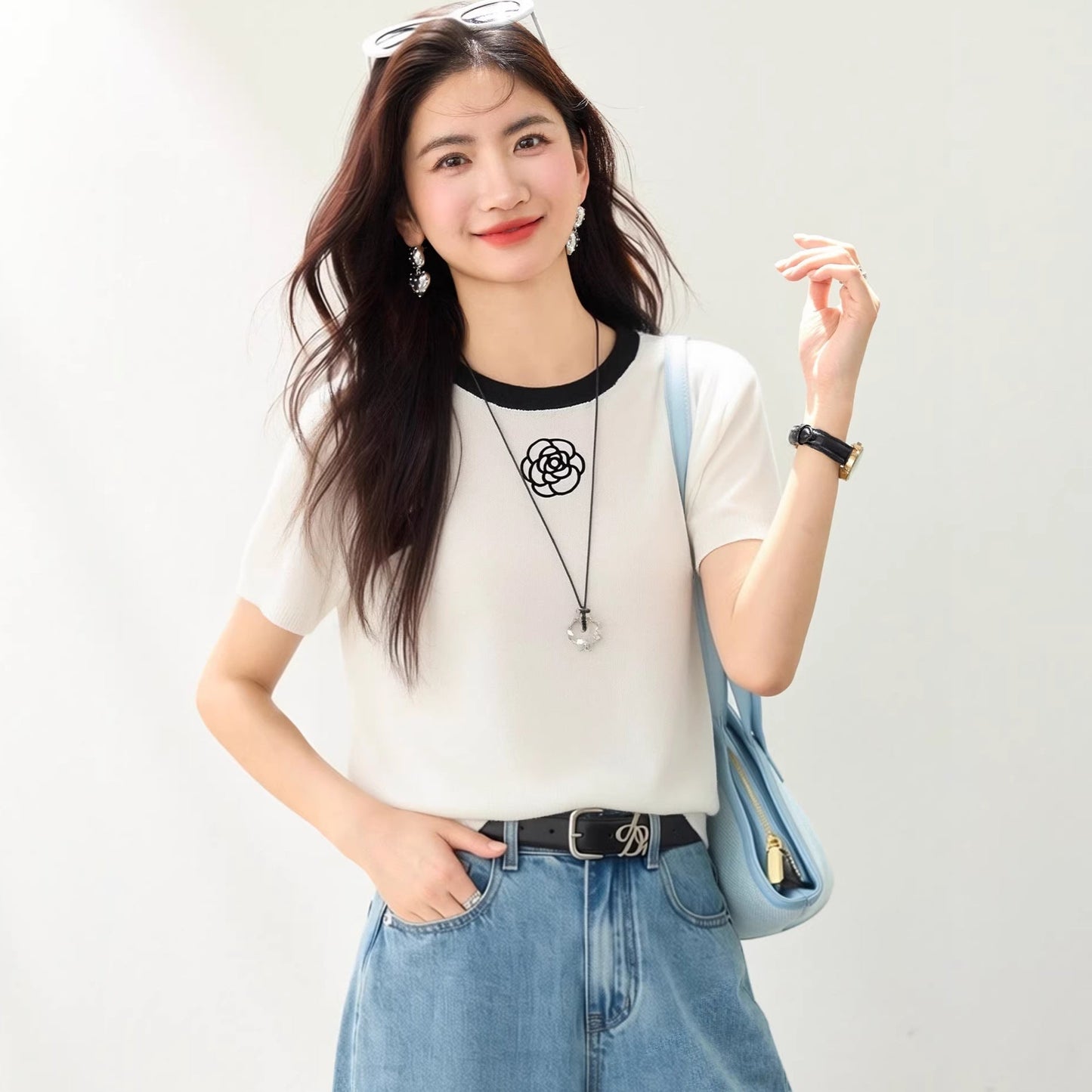 Camellia Embroidery Ice Silk Short Sleeve T-Shirt for WomenRegular Shoulde Body Concealing Top - UrbanNest Co