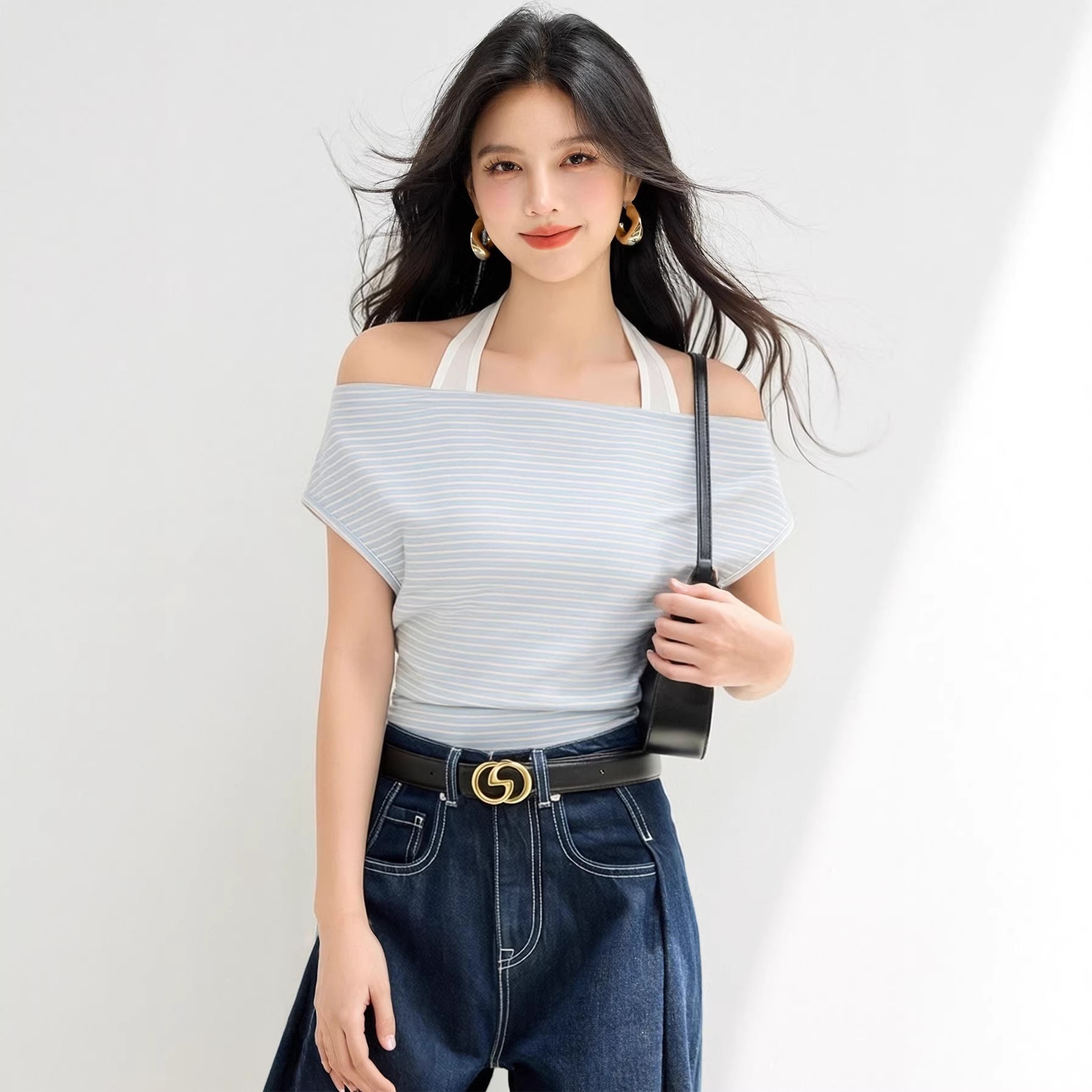 Casual Striped Short Sleeve Off - Shoulder Halter Neck Fitted Women's Top - UrbanNest Co