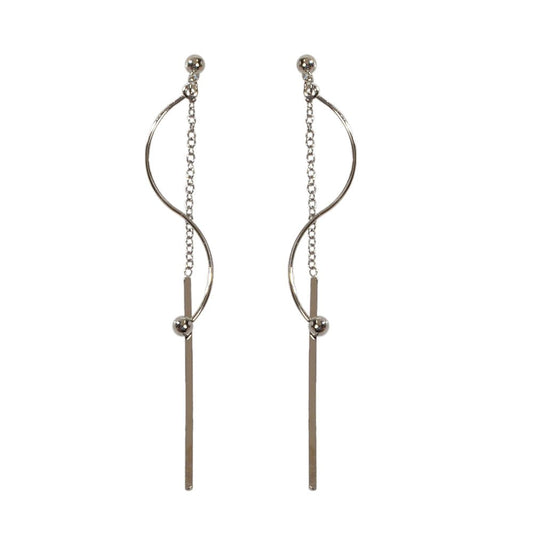 Silver Line Chain Geometric Long Curved Bar Tassel Dangle Earrings Thread Stud - UrbanNest Co