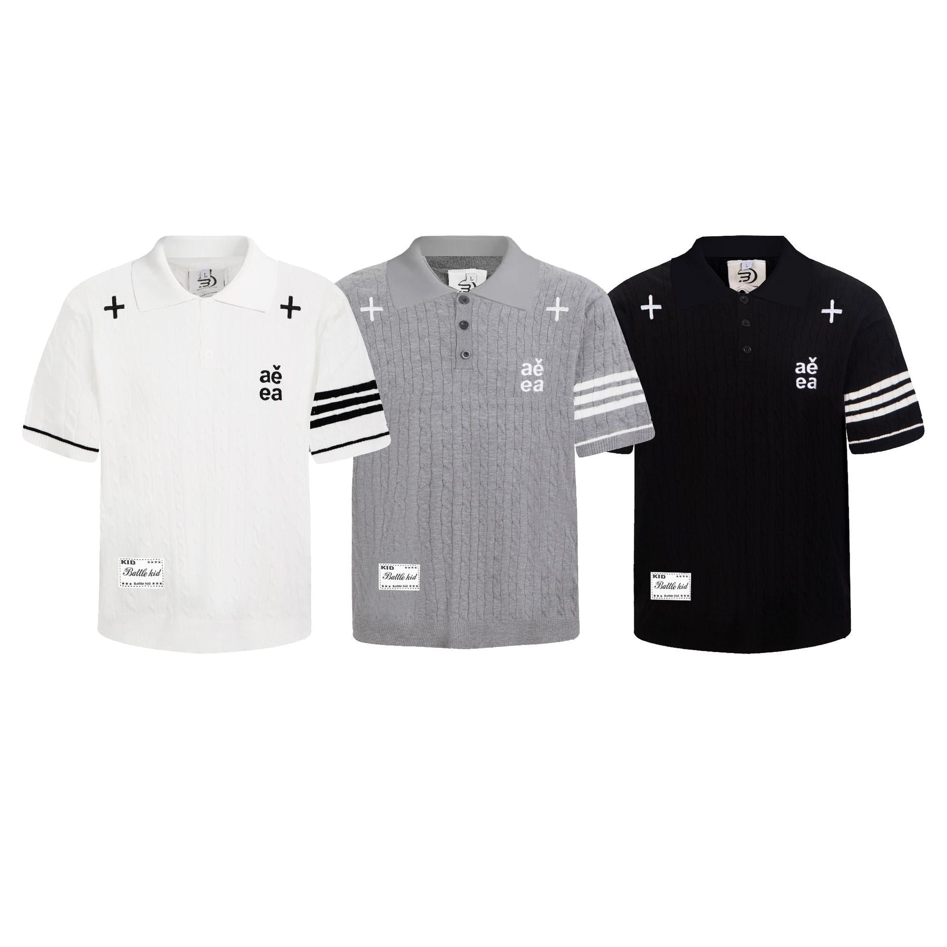 Four - Stripe Herringbone Knit Polo Shirt Unisex Short Sleeve Cross Embroidery Youthful Casual Top - UrbanNest Co