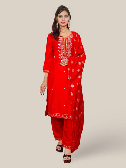 Rayon - Cotton Embroidered Straight Kurti Set with Pant and Dupatta - UrbanNest Co