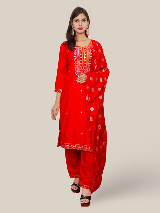 Rayon - Cotton Embroidered Straight Kurti Set with Pant and Dupatta - UrbanNest Co