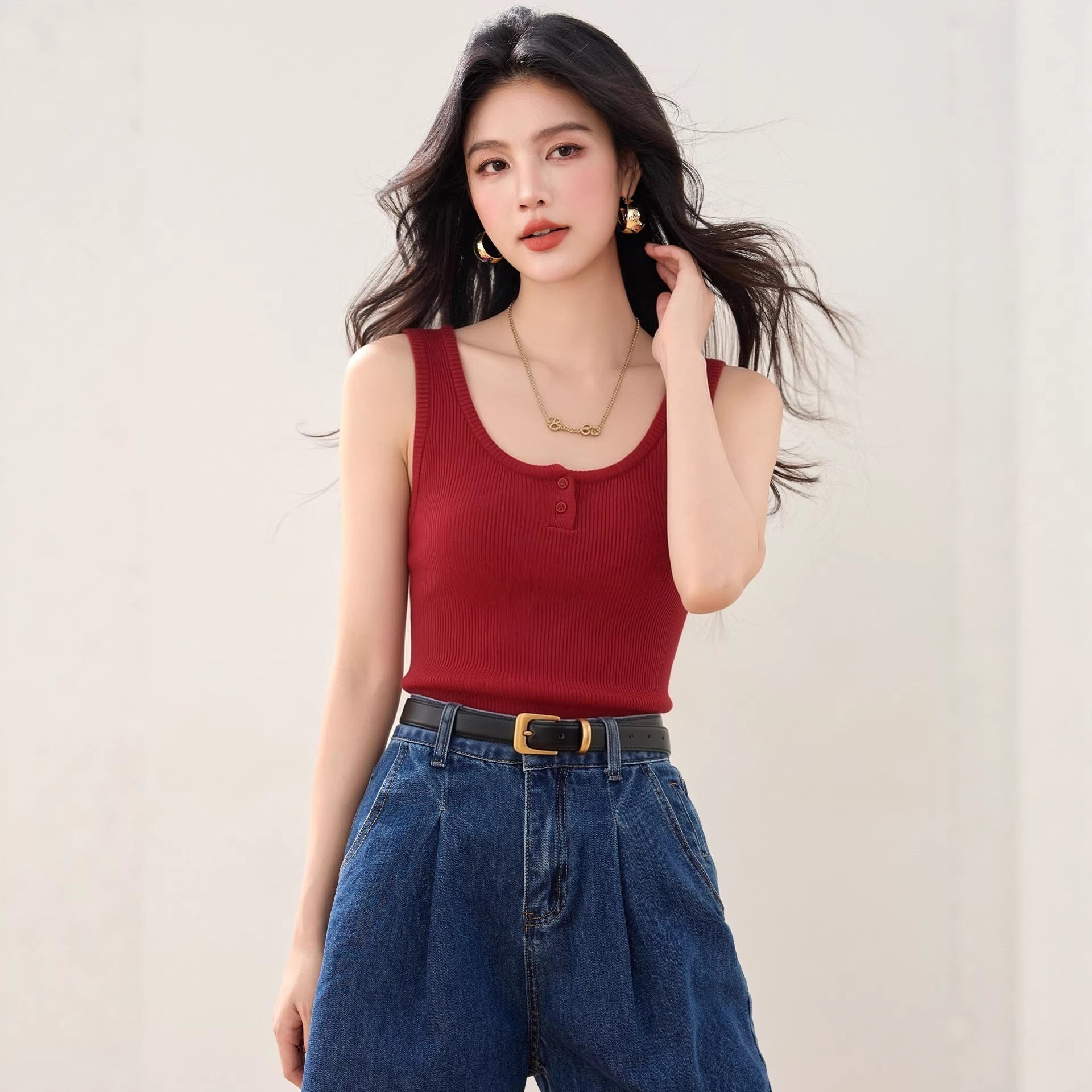 Half - Button Knit Tank Top for Women Red Sleeveless Top Round Neck Summer Casual Wear - UrbanNest Co