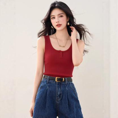 Half - Button Knit Tank Top for Women Red Sleeveless Top Round Neck Summer Casual Wear - UrbanNest Co