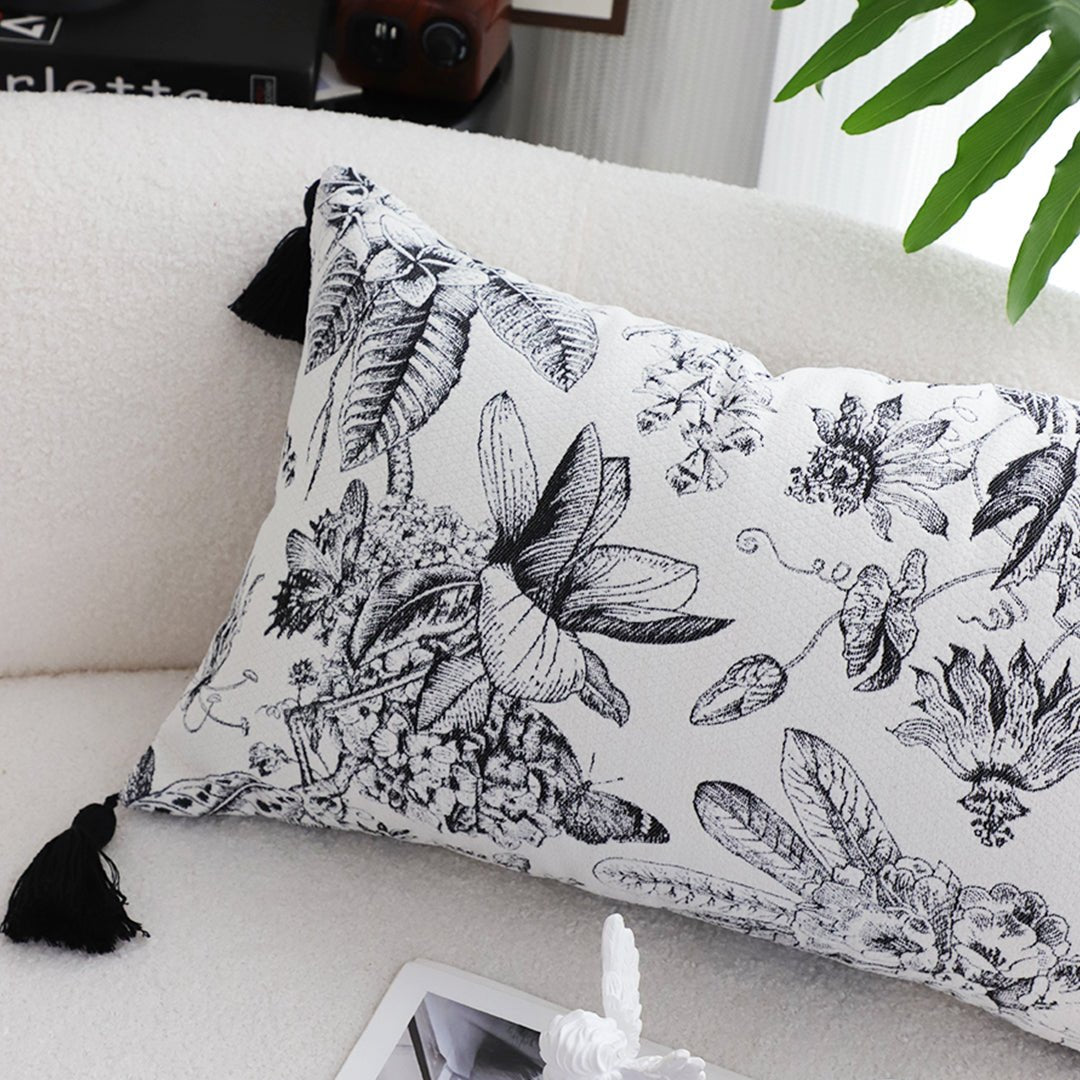 SOGA 2X 35cm Throw Pillow Black and White Floral Print Elegant with Tassel Accents Home Decor - UrbanNest Co