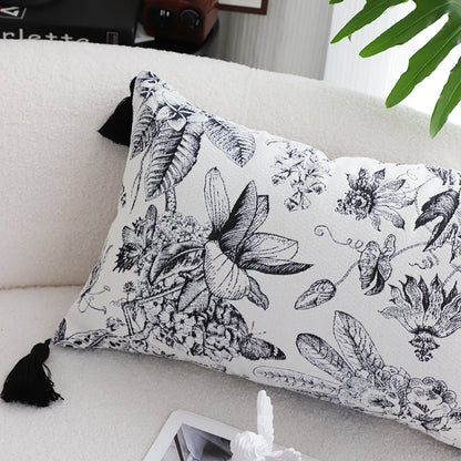 SOGA 2X 35cm Throw Pillow Black and White Floral Print Elegant with Tassel Accents Home Decor - UrbanNest Co