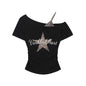 Leopard Print Star Pattern Off - Shoulder T-Shirt , Summer Fitted Slimming Sleeveless False Two - Piece Short Sleeve Top - UrbanNest Co