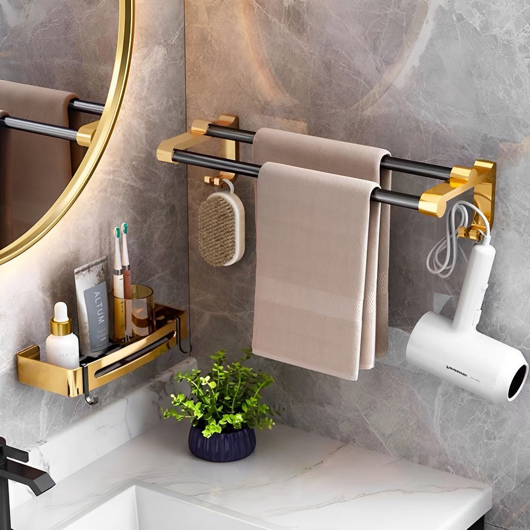 SOGA 2X 61cm Wall - Mounted Double Pole Towel Holder Bathroom Organiser Rail Hanger with Hooks - UrbanNest Co