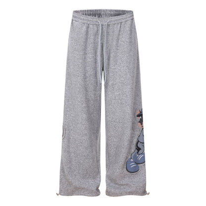 Cartoon Baseball Mouse Applique Sweatpants Loose Straight Leg Cuffed Casual Sport Long Pants Wholesale - UrbanNest Co