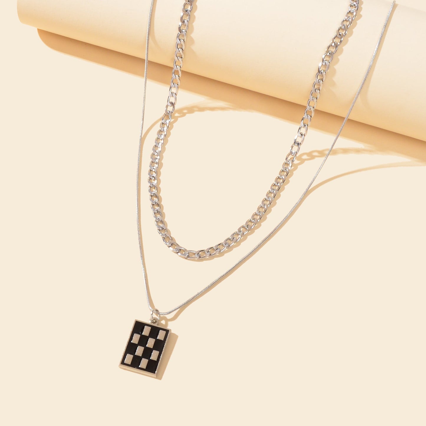 Street Double Layer Silvery Chain Black Silver Checkered Rectangle Geometric Pendant Necklace School Daily Accessory - UrbanNest Co