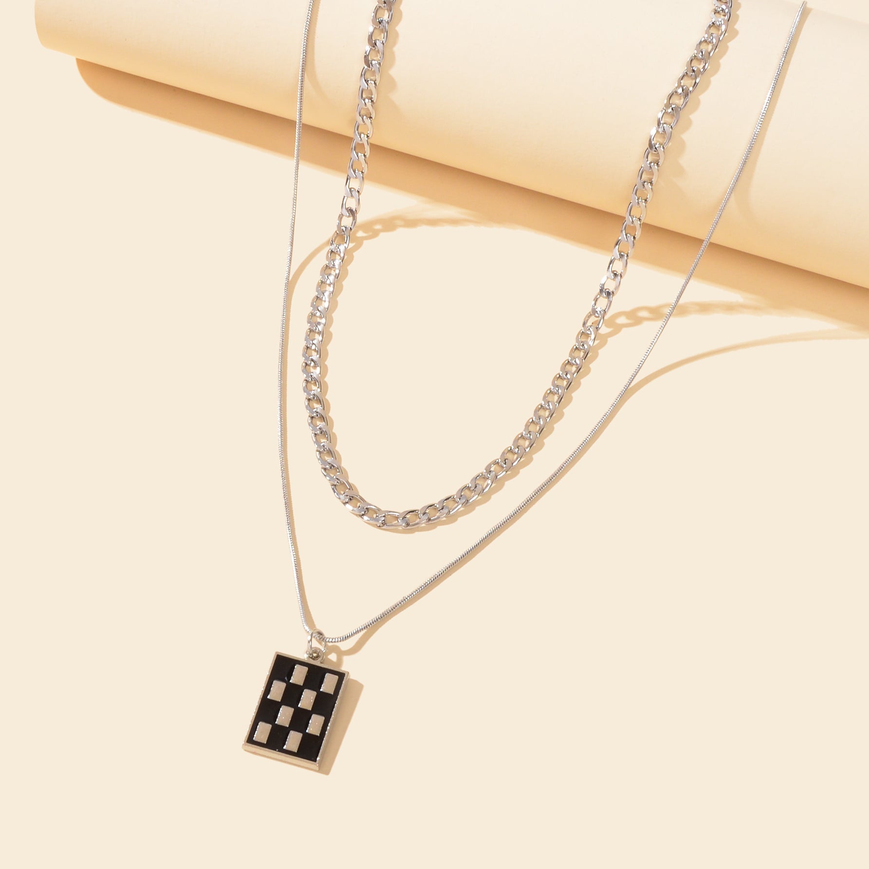 Street Double Layer Silvery Chain Black Silver Checkered Rectangle Geometric Pendant Necklace School Daily Accessory - UrbanNest Co