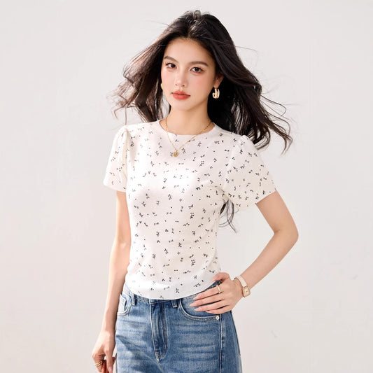 Retro Floral High - Shoulder Short Sleeve T-Shirt for Women, Summer Fashion Fitted Inner Layer Top - UrbanNest Co