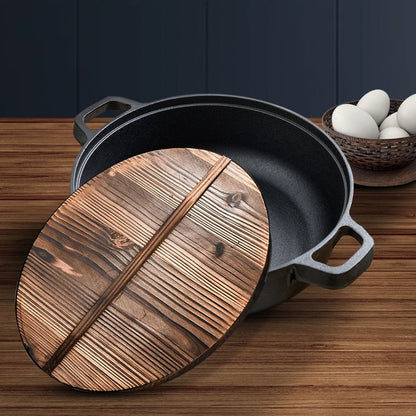 SOGA 2X 31cm Round Cast Iron Pre - seasoned Deep Baking Pizza Frying Pan Skillet with Wooden Lid - UrbanNest Co