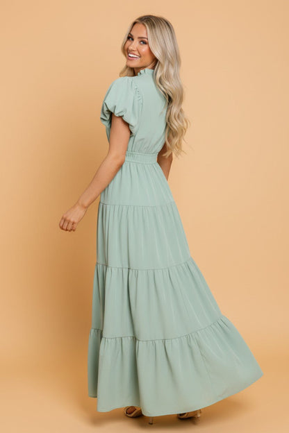 Solid V - Neck Short Puff Sleeve Tiered Maxi Dress - UrbanNest Co