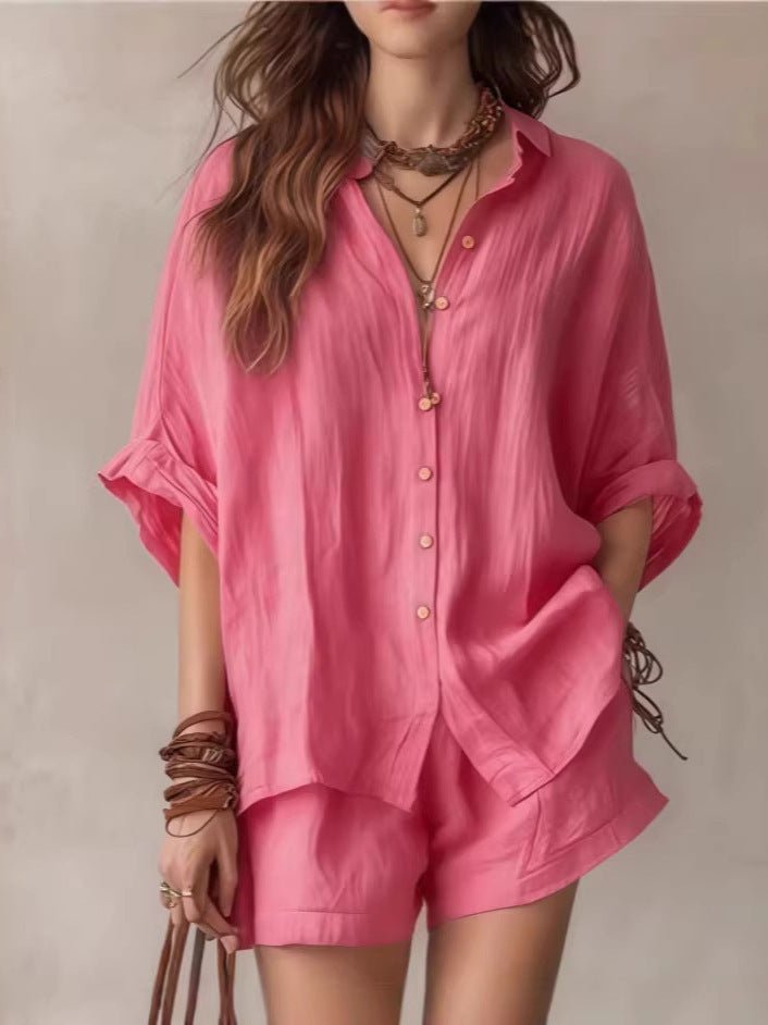 Women's wear 2026 solid color loose button - down shirt and shorts casual - UrbanNest Co