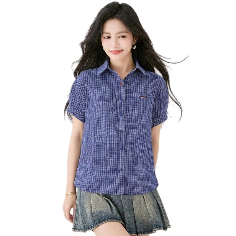 Blue and White Checkered Short Sleeve Shirt for WomenDesign Sense Versatile Casual Top - UrbanNest Co