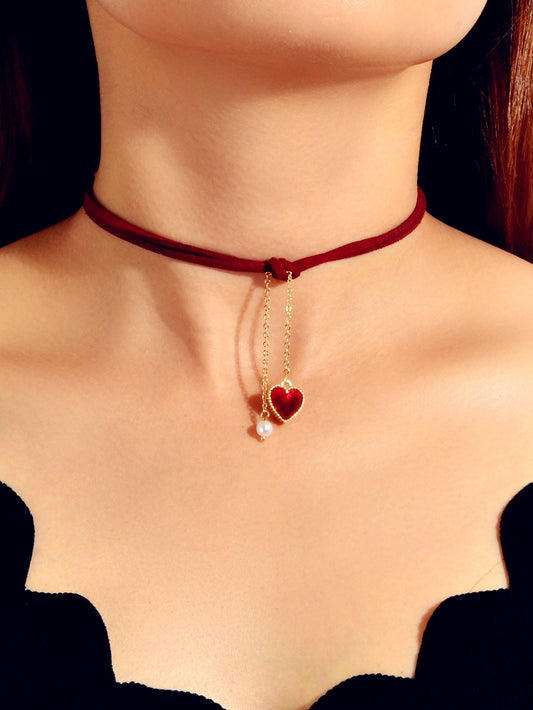 AU Stock Double Layers Red Cord Love Heart Fringe Necklace Tassel Pearl Choker - UrbanNest Co