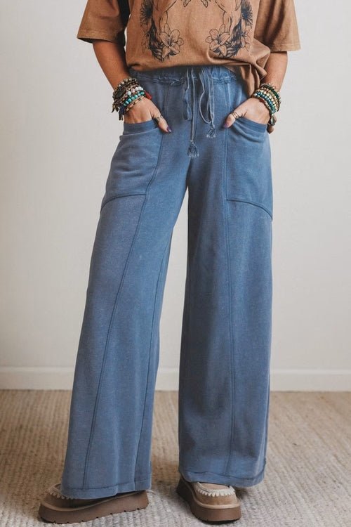 Solid Mineral Wash Drawstring Wide Leg Pants - UrbanNest Co