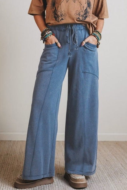 Solid Mineral Wash Drawstring Wide Leg Pants - UrbanNest Co