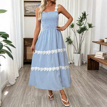 Long Halter Dress Women Summer Elegant Backless Stitching Lace Lace - UrbanNest Co
