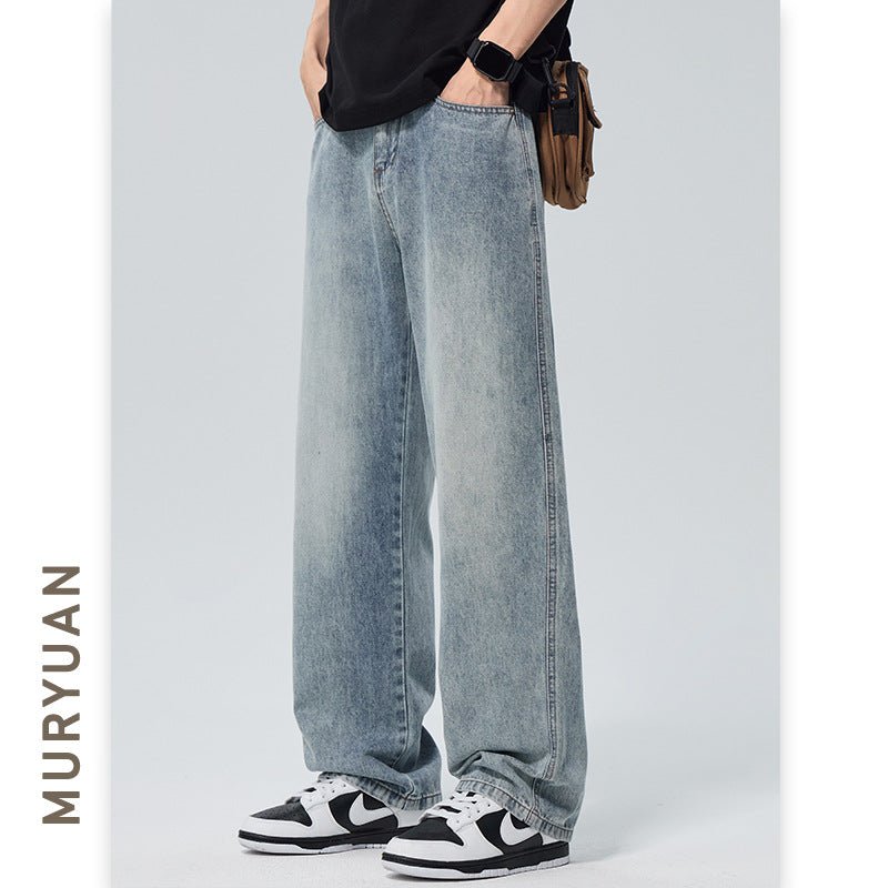 Washed Denim Pants Men Loose Straight Fit Half Elastic Simple Long Trousers - UrbanNest Co