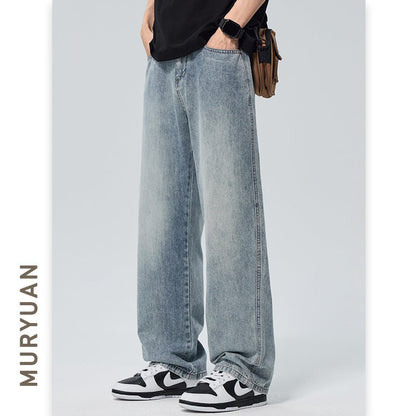 Washed Denim Pants Men Loose Straight Fit Half Elastic Simple Long Trousers - UrbanNest Co