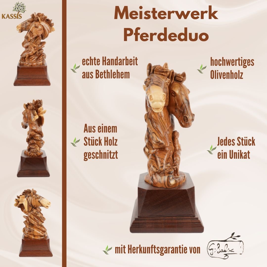Pferde - Duo aus Olivenholz – Handgeschnitzte Skulptur aus Bethlehem (26 cm) - UrbanNest Co