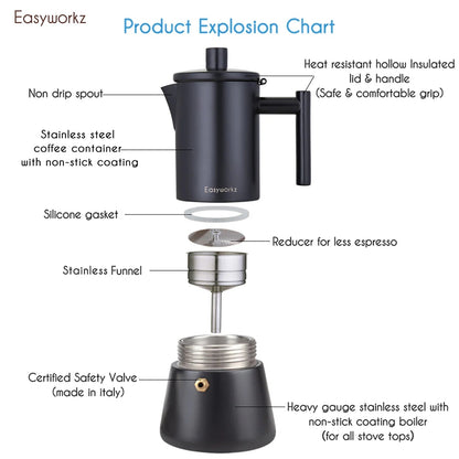 Easyworkz Stovetop Espresso Maker Stainless Steel Italian Coffee Pot - UrbanNest Co