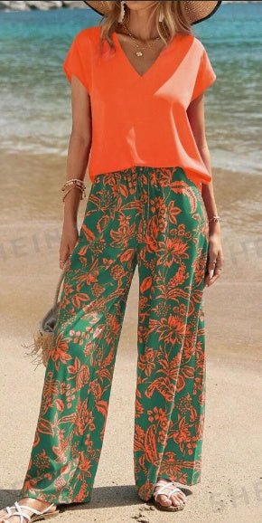Women's Solid V - Neck Short Sleeve Top And Botanical Print Pants - UrbanNest Co