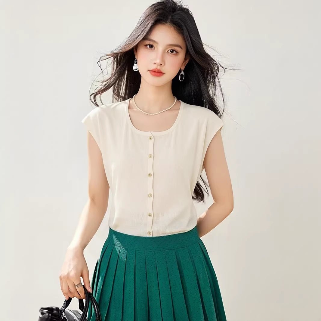 Vintage Tweed Square Neck Short Sleeve Knit Top for Women Summer Unique Elegant Gold Single Row Button Cardigan - UrbanNest Co