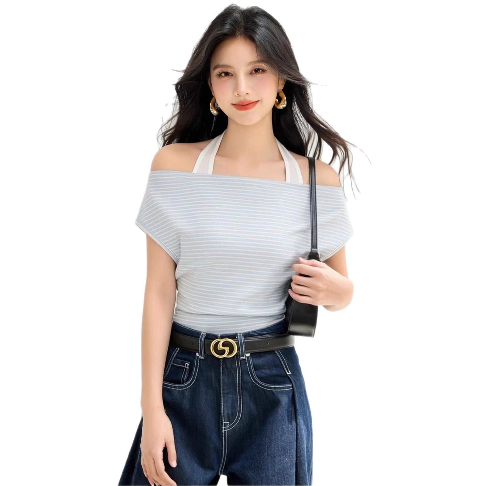 Casual Striped Short Sleeve Off - Shoulder Halter Neck Fitted Women's Top - UrbanNest Co