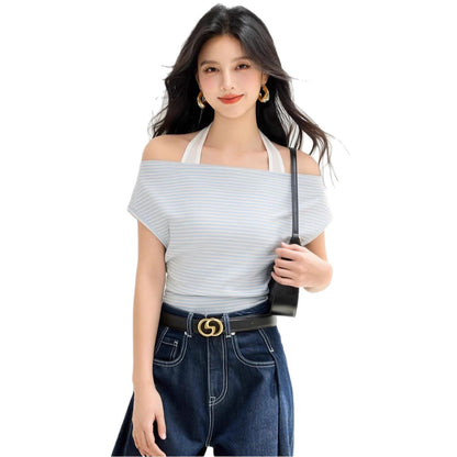 Casual Striped Short Sleeve Off - Shoulder Halter Neck Fitted Women's Top - UrbanNest Co