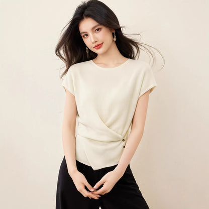 Blue Short Sleeve T-Shirt for Women with Small Flared Sleeves Regular Shoulder Knitted Ice Silk DesignShort Length Summer Style Top - UrbanNest Co
