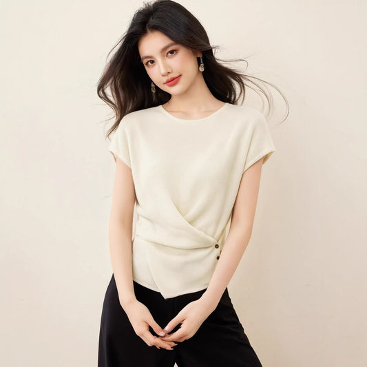 Blue Short Sleeve T-Shirt for Women with Small Flared Sleeves Regular Shoulder Knitted Ice Silk DesignShort Length Summer Style Top - UrbanNest Co