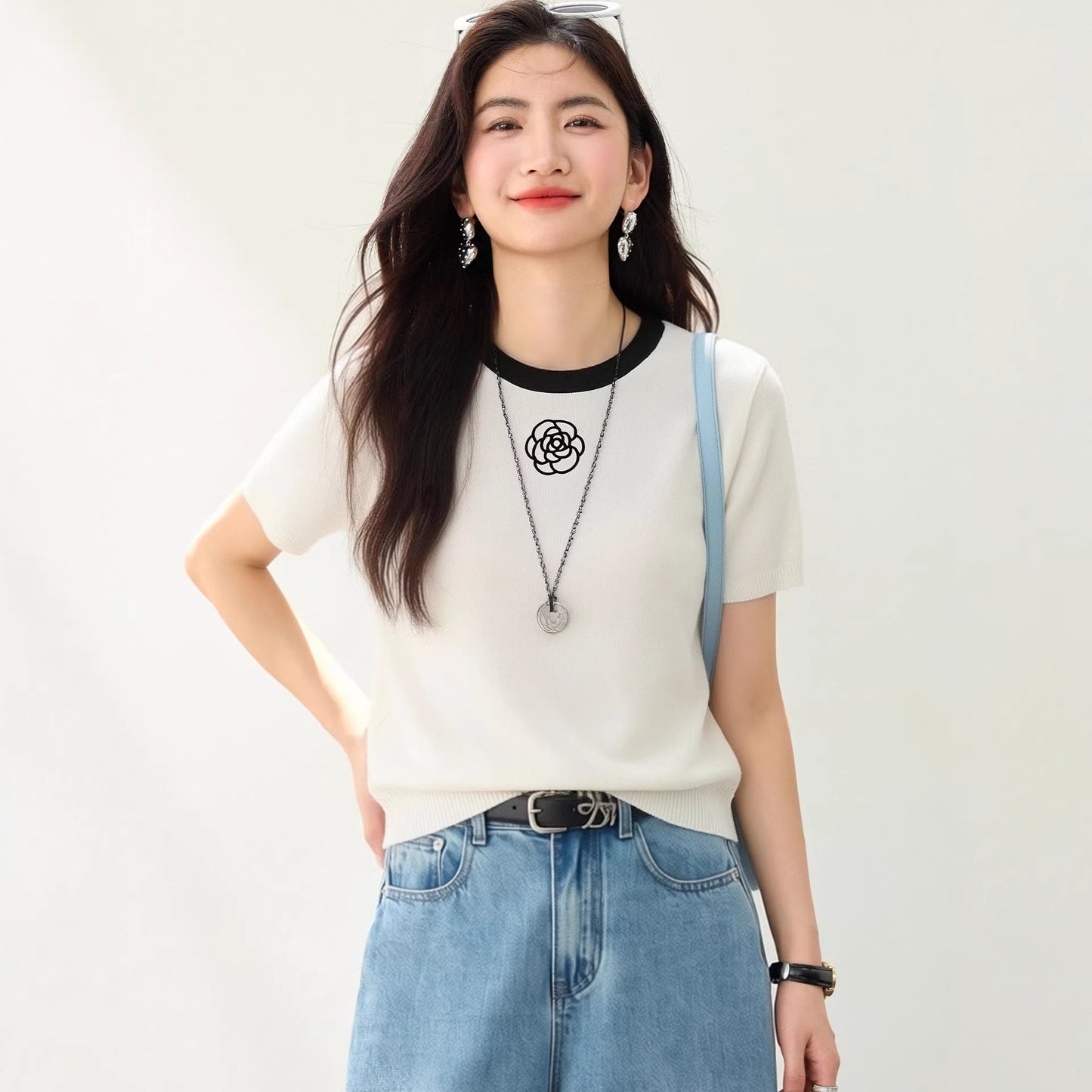 Camellia Embroidery Ice Silk Short Sleeve T-Shirt for WomenRegular Shoulde Body Concealing Top - UrbanNest Co