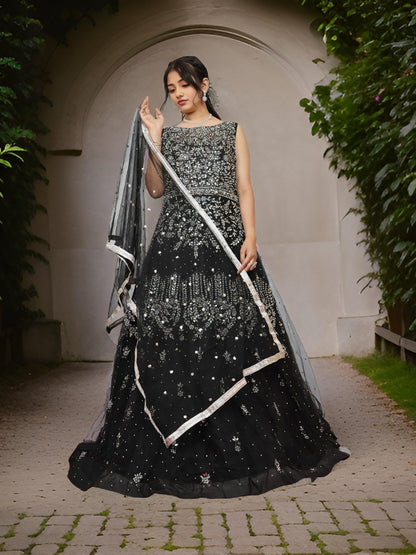 Net Fabric Gown with Mirror & Pearls by Shreekama - UrbanNest Co