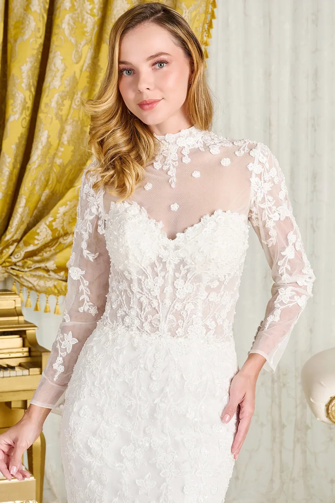 Wedding Dress With Trumpet Cut, Detachable Sheer High Neck Top And Long Sleeves - UrbanNest Co