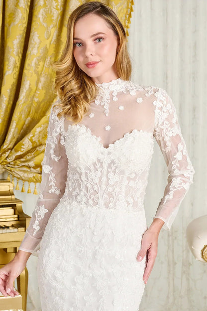 Wedding Dress With Trumpet Cut, Detachable Sheer High Neck Top And Long Sleeves - UrbanNest Co