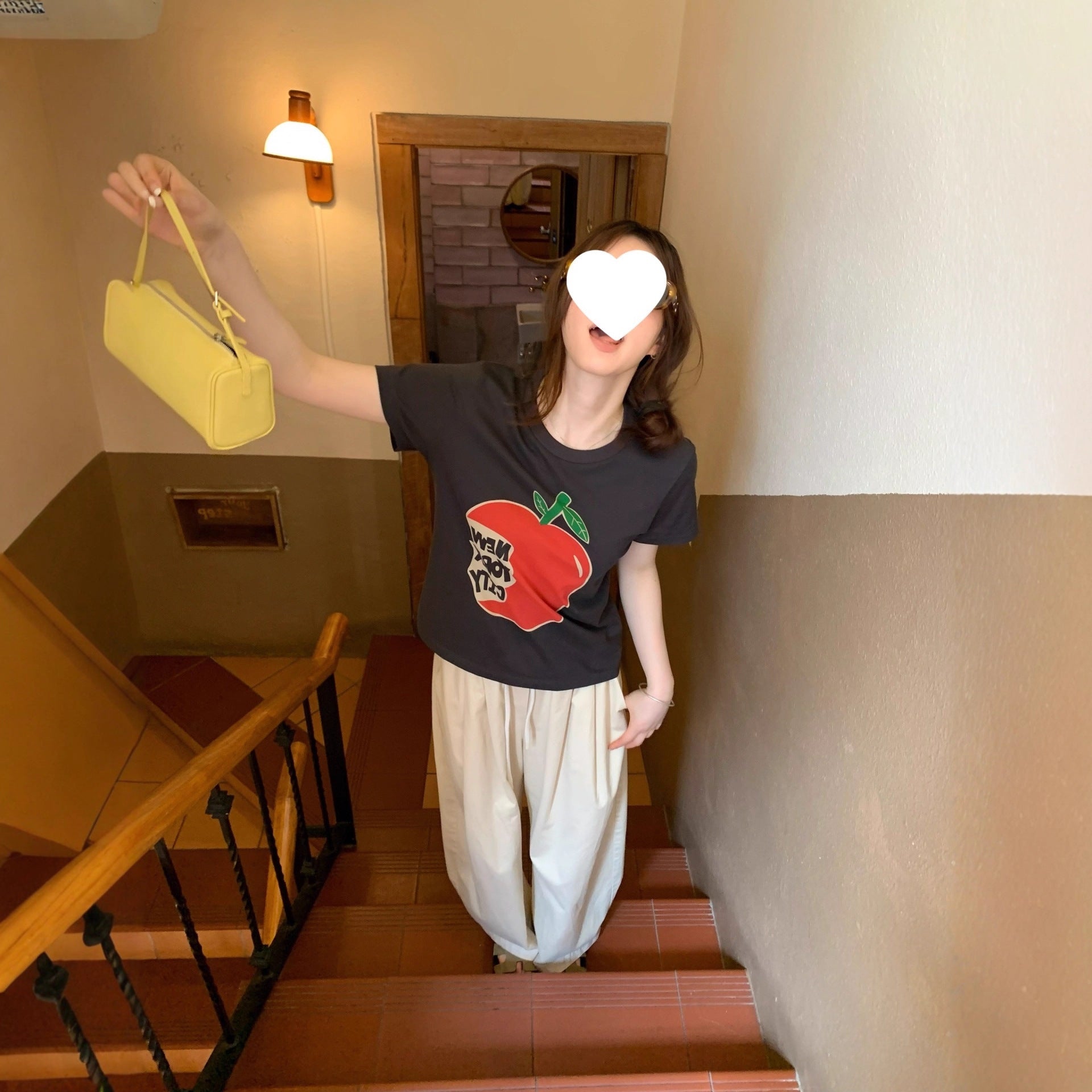 Retro Basic T-Shirt Pure Cotton Regular Fit Apple Print,Fashionable Crewneck T-Shirt - UrbanNest Co
