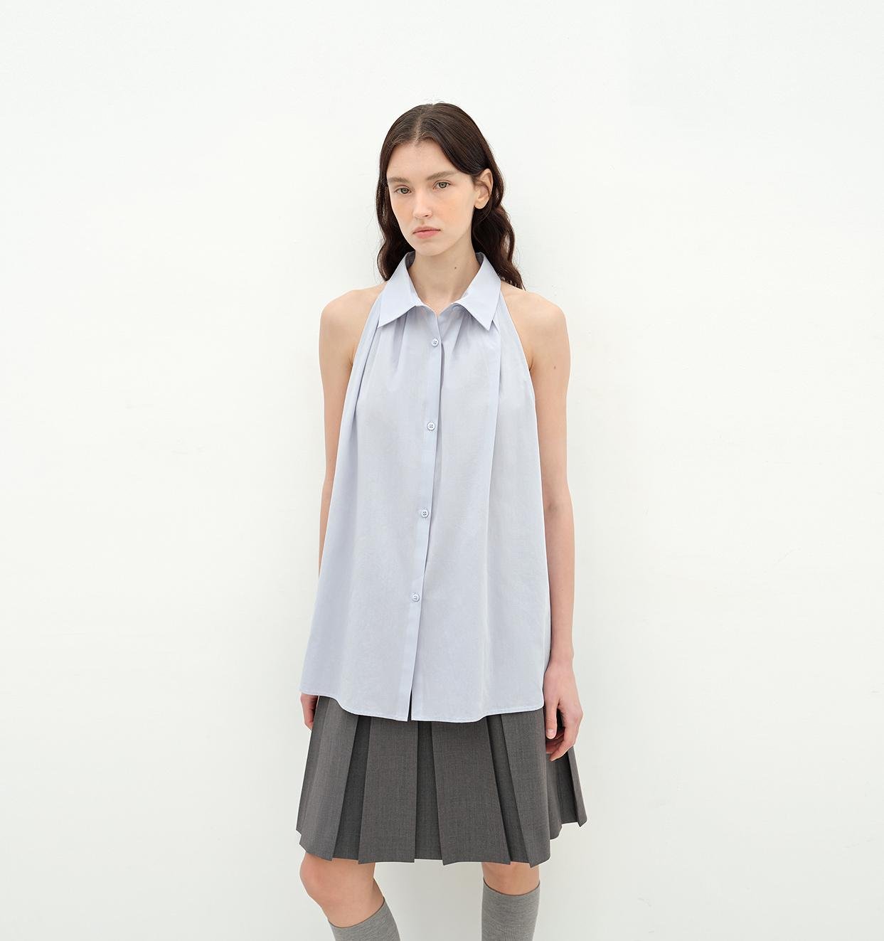 "Poland Island" imported pure cotton stand - up collar sleeveless striped shirt temperament top for women - UrbanNest Co