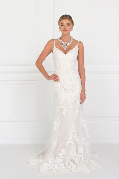 Lace V - Neck Mermaid Long Dress With Lace Applique - UrbanNest Co