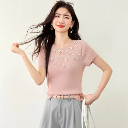 Cute round neckshort sleeve knit top for women, fashionable slim fit versatile casual top - UrbanNest Co
