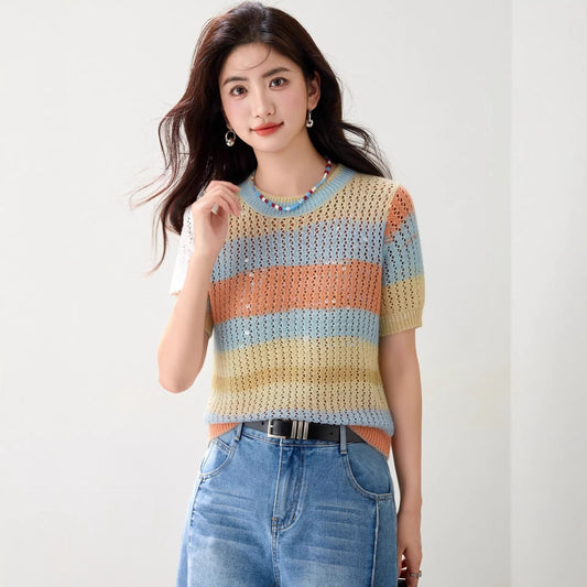 Gradient Stripe Round Neck Short Sleeve Knitwear Women's Versatile Slim Fit Design Top - UrbanNest Co