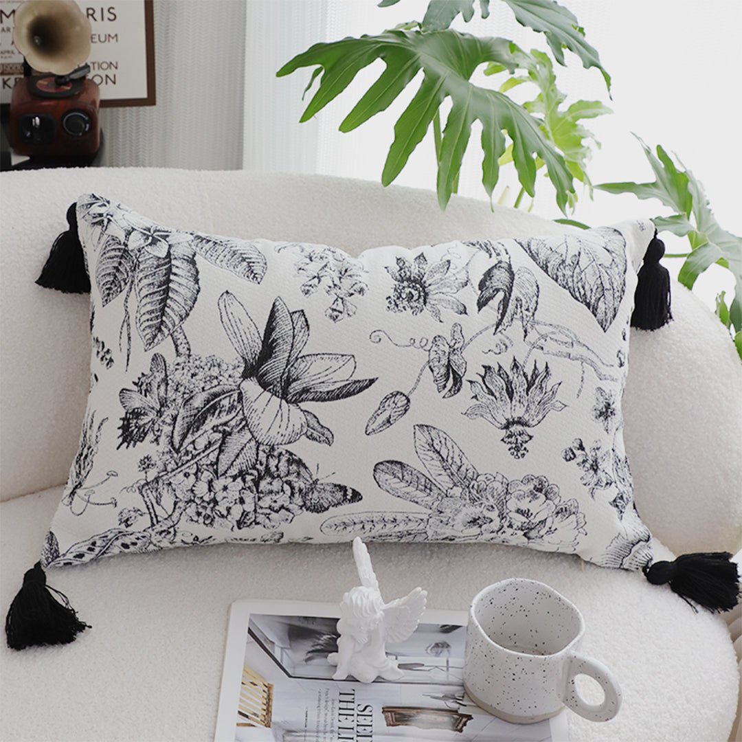 SOGA 2X 35cm Throw Pillow Black and White Floral Print Elegant with Tassel Accents Home Decor - UrbanNest Co