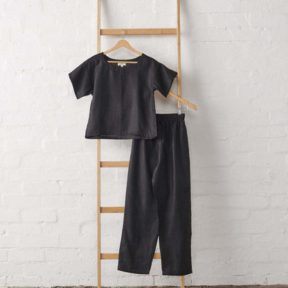 Linen Tee & Pant Pyjama Set in Black - UrbanNest Co