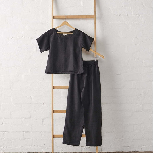 Linen Tee & Pant Pyjama Set in Black - UrbanNest Co